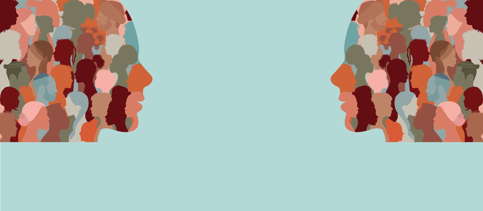 Overlapping faces on a light blue background