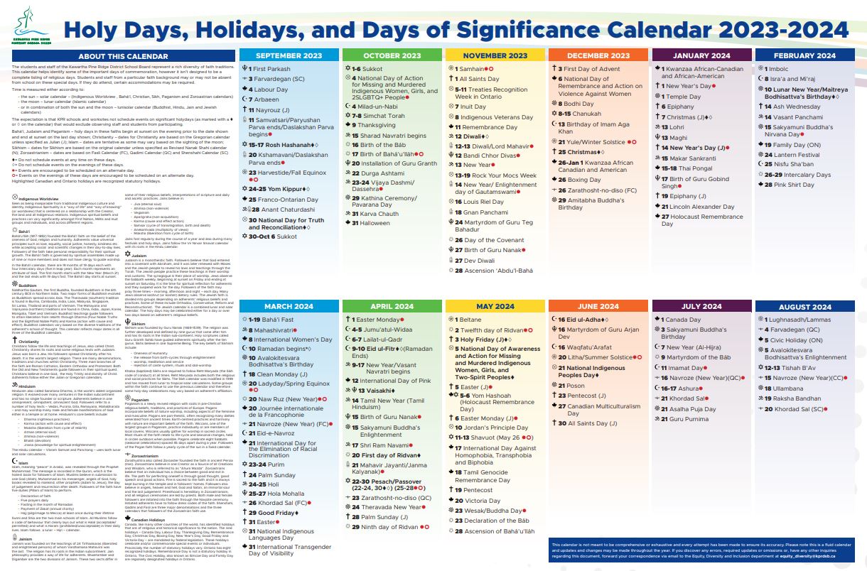 Holy Days, Holidays, and Days of Significance Calendar 
