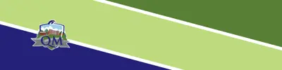 blue light green and dark green striped banner with Queen Mary Public School logo