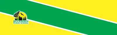 yellow and green striped banner with Buckhorn Public School logo