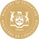 Image of circular seal for the Ministry of Education in Ontario. The outer ring reads 'MINISTRY OF EDUCATION' at the top and 'MINISTÈRE DE L'ÉDUCATION' at the bottom. Inside, a shield with three maple leaves and a bear on top is flanked by two upright deer. A banner below the shield displays the Latin motto 'UT INCEPIT FIDELIS SIC PERMANET.' The word 'Ontario' appears at the bottom.