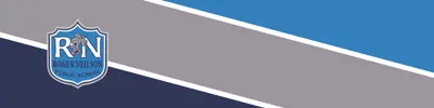 Navy gray and blue striped banner and Roger Neilson Public School logo