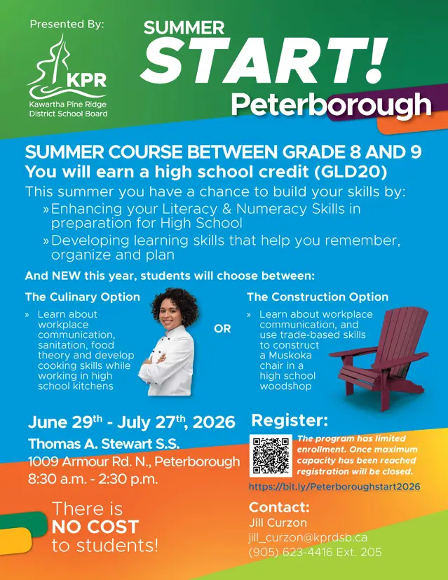 Summer Start Peterborough Flyer.  Green, Blue and orange.  Describes the summer courses available to grade 8s going into grade 9