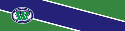 green and blue striped banner with Waverley Public School logo