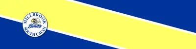 blue and yellow striped banner with Millbrook/South Cavan Public School logo