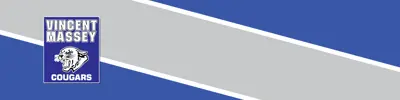 blue and gray striped banner with Vincent Massey Public School logo