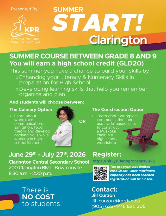 Start to Summer Clarington flyer.  Yellow, green and blue.  Describes the options for summer school for Grade 8s going into Grade 9