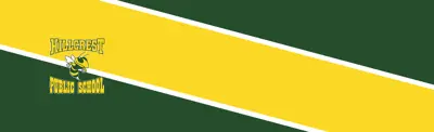 green and yellow striped banner with Hillcrest Public School logo