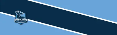 light blue and dark blue striped banner with Merwin Greer Public School logo