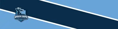 light blue and dark blue striped banner with Merwin Greer Public School logo