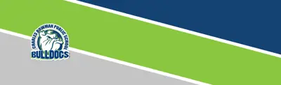 gray, green and blue striped banner with Charles Bowman Public School logo