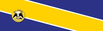 blue and yellow striped banner with M.J. Hobbs Senior Public School logo