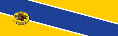 yellow and blue striped banner with Kent Pubic School logo