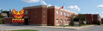 exterior picture of Campbellford District High School and their logo