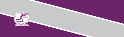 purple and gray striped banner with James Strath Public School logo
