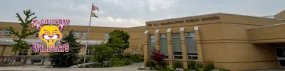exterior picture of Dr. G.J. MacGillivray Public School and their logo
