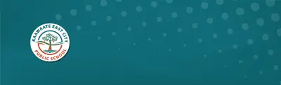 plain teal banner with dots and Kaawaate East City Public School logo